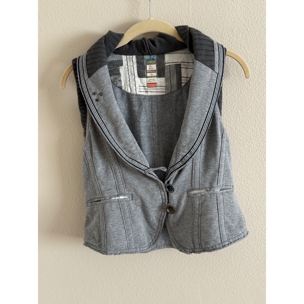 Free People Women Gray Mixed Media Hooded Vest Patchwork Studded Boho Small